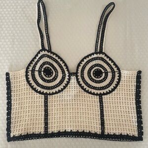 Zara Black and Cream Embroidered Top